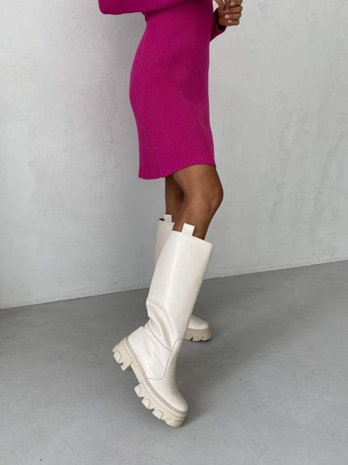 Трендові шкіряні чоботи-труби LD-2136 - Молочний / 36 / Байка - Ботинки