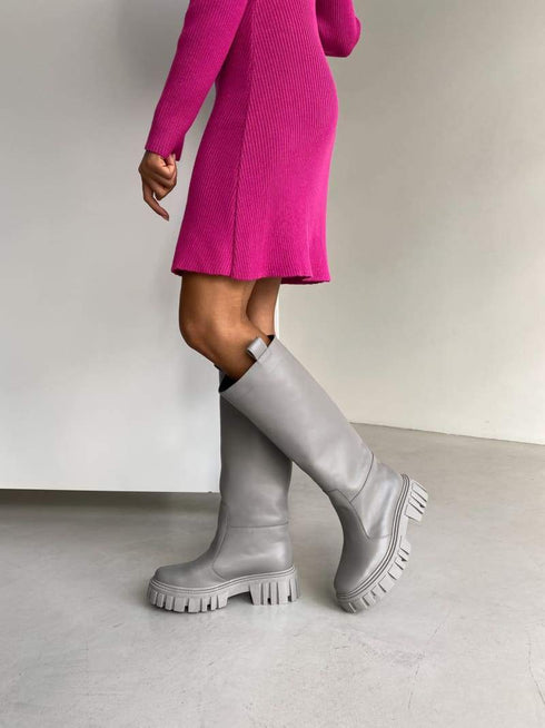 Трендові шкіряні чоботи-труби LD-2136 - Сірий / 36 / Байка - Ботинки