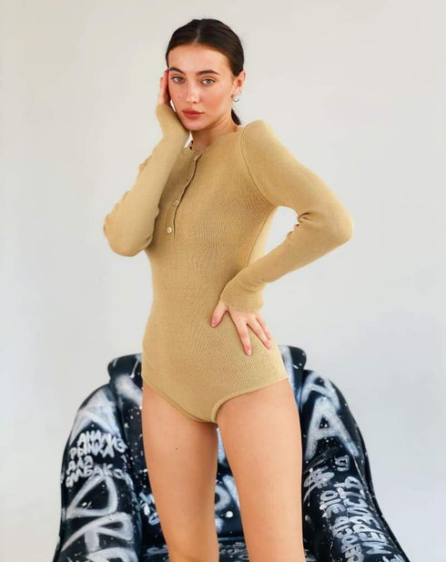 Зручний теплий боді LD-2064 - Бежевий / s - В’язаний стиль